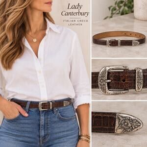 Vintage Lady Canterbury Italian Croco Leather Belt Brown Western Buckle 35"